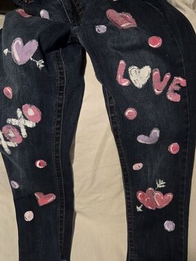 Seven7 Dark Wash Jeans with Pink, Purple & White Heart Art